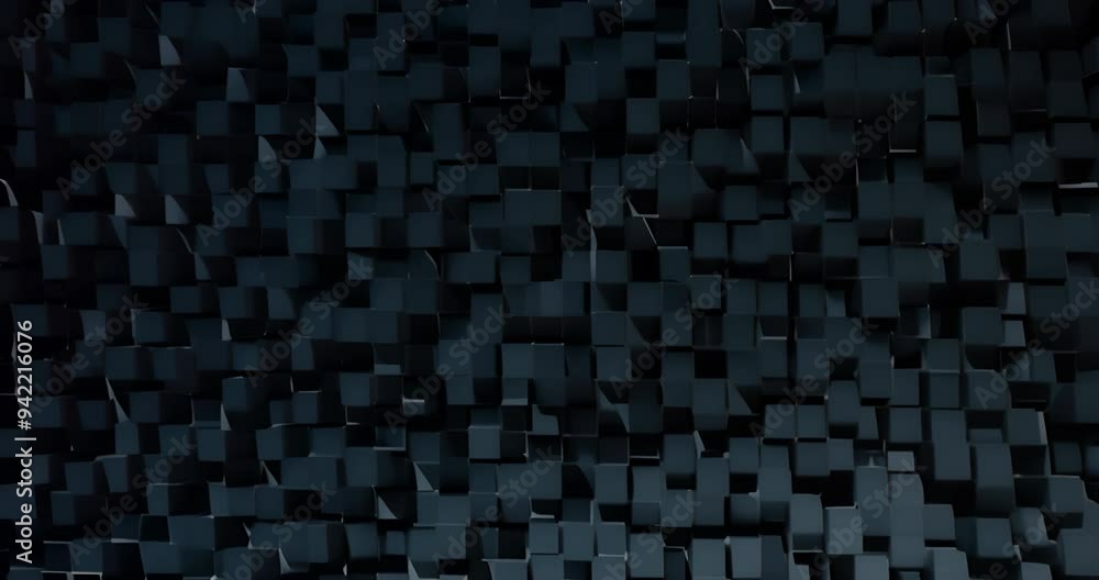 Poster animating dark geometric cubes forming dynamic pattern