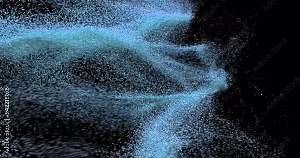 Poster flowing particles forming abstract shapes, dynamic animation on black background