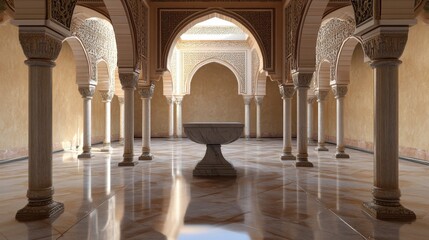 Obraz premium Elegant Andalusian courtyard showcasing ornate arches and columns, bathed in warm earth tones and natural light