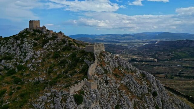 Ancient fortified walls of Acrocorinth Castle and Temple to Aphrodite, aerial