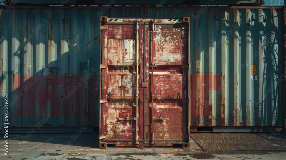 Poster abandoned container in front of a building, possibly used as storage