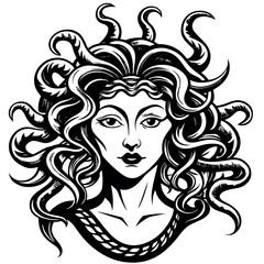 Black and white Medusa gorgon with snakes vector portrait illustration