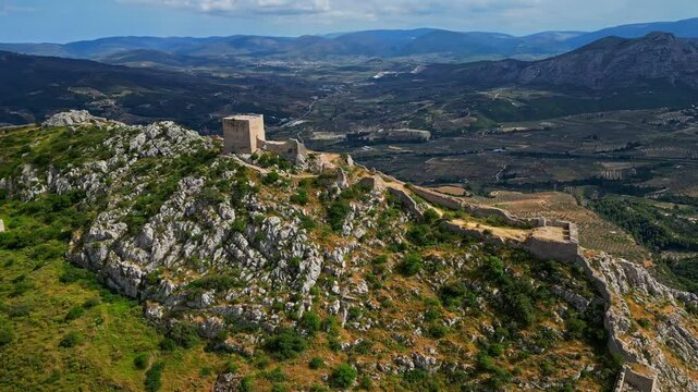 Medieval Acrocorinth castle former acropolis of ancient city of Corinth, aerial