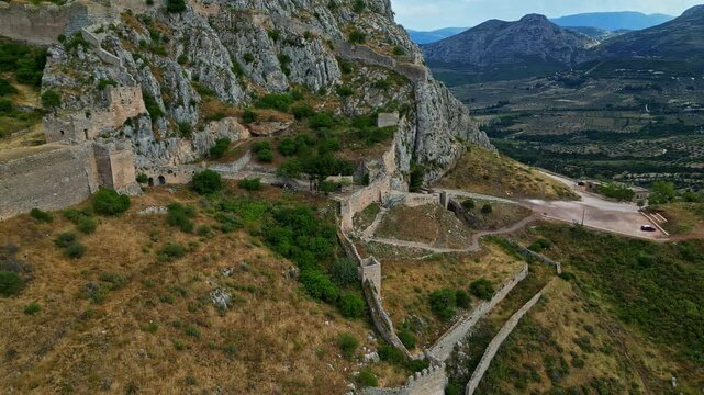 Ruins of fortified medieval Acrocorinth Castle in Corinth Greece, aerial view