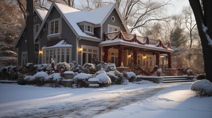 Christmas-decorated house in suburban USA in snow