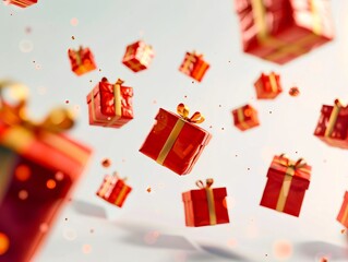 A bunch of red gift boxes flying in the air