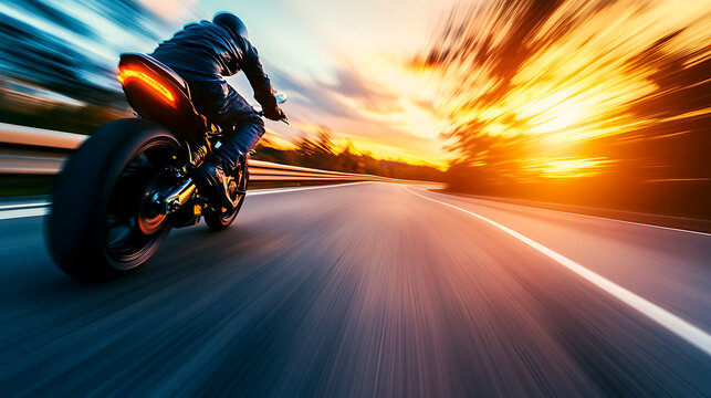Motorcyclist speeding on a highway at sunset, with motion blur capturing the speed and excitement of the ride.