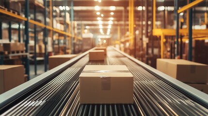A conveyor belt transporting boxes in a warehouse setting.