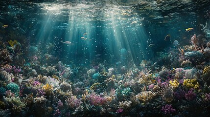 Fototapeta premium Underwater scenery featuring sunbeams filtering through water, illuminating schools of fish swimming around vibrant corals