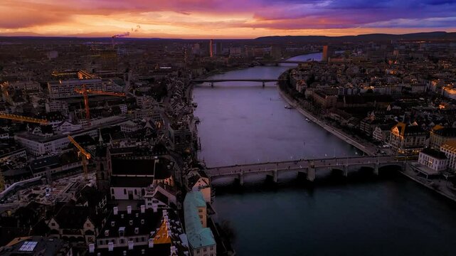 Epic Drone Shot Over Rhine River at Sunset Beautiful Clouds