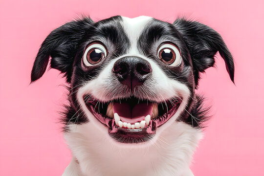 Chien noir et blanc souriant sur fond rose