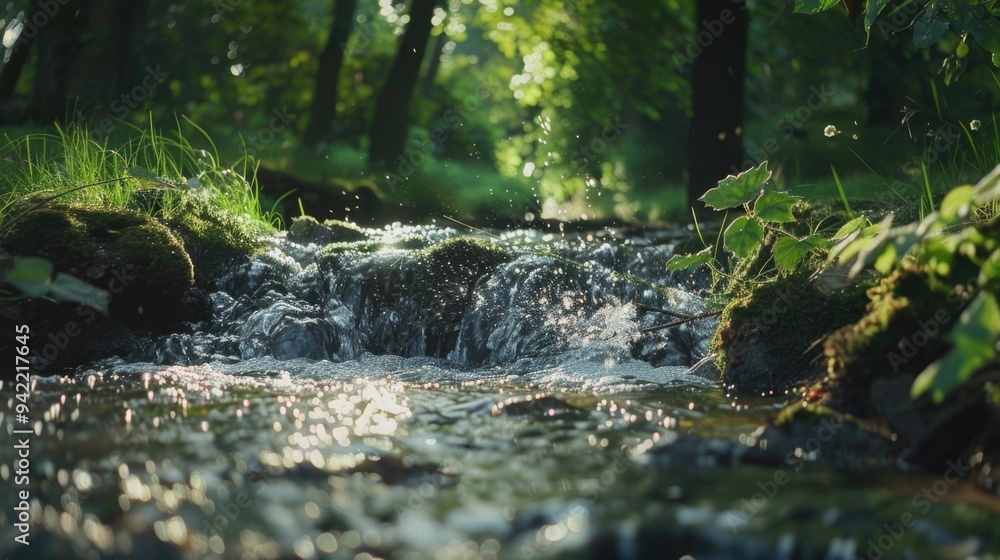 Poster a serene stream flows through a dense and vibrant forest, surrounded by foliage and tree cover