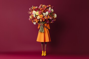 A woman stands gracefully, wearing an orange dress and yellow shoes, while balancing a large bouquet of colorful autumn flowers on her head, framed by a bold burgundy background.