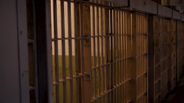 Slow motion landscape prison cell jail gaol crime bars block dorm Alcatraz Island San Francisco city tourism travel USA California America prisoners haunted confinement landmark history