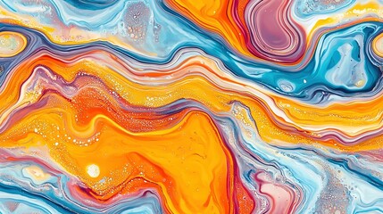 Obraz premium A close-up of an abstract painting, featuring a vibrant swirl of yellow, blue, red, and orange hues on its surface
