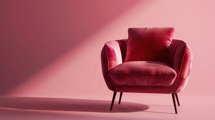 Red velvet armchair with a pillow on a pink background.