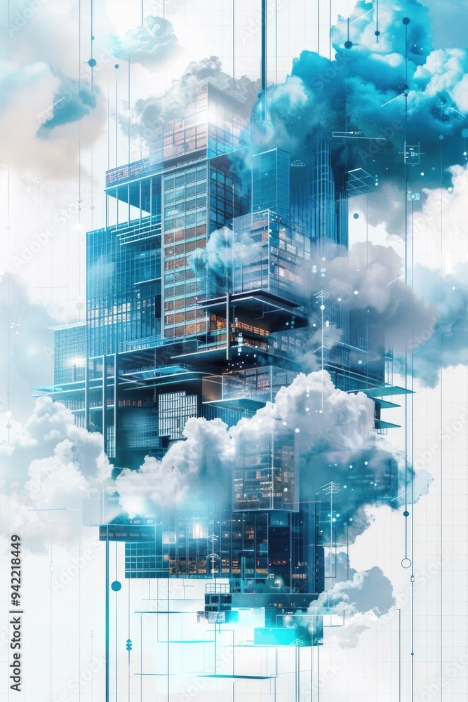 Poster A building surrounded by clouds in the sky with a serene and peaceful atmosphere