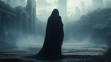 A dark, hooded figure stands alone in a desolate, post-apocalyptic landscape. The environment appears to be a ruined city, with large, decaying structures and buildings visible in the background envel