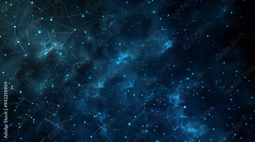 Fototapete An abstract dark blue background featuring interconnected glowing lines and nodes, resembling a futuristic network in a digital space. Perfect for technology, science, and data concepts.