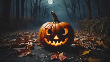 Obraz premium Glowing jack-o'-lantern pumpkin on a dark night surrounded by autumn leaves