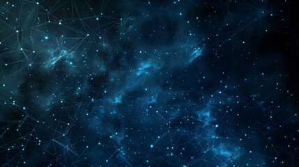 An abstract dark blue background featuring interconnected glowing lines and nodes, resembling a futuristic network in a digital space. Perfect for technology, science, and data concepts.