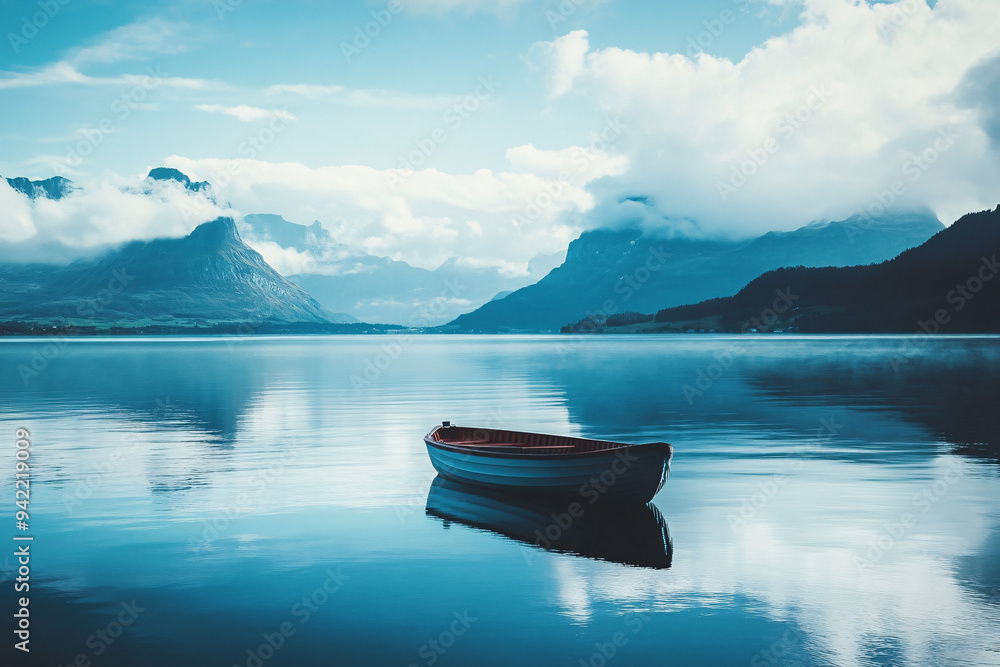 Aufkleber a small rowboat floating on a calm lake surrounded by mountains and clouds reflecting in the serene 