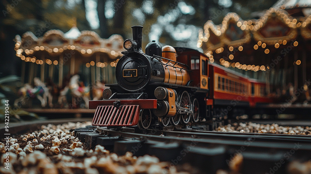 Poster a train on a track with a carousel in the background