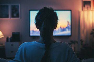 A woman with her back turned watching TV in a cozy room lit by warm lights creating a relaxed and intimate atmosphere