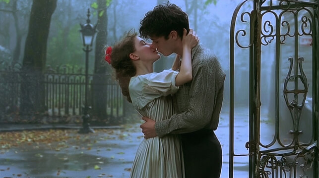 Young couple sharing romantic kiss in the rain