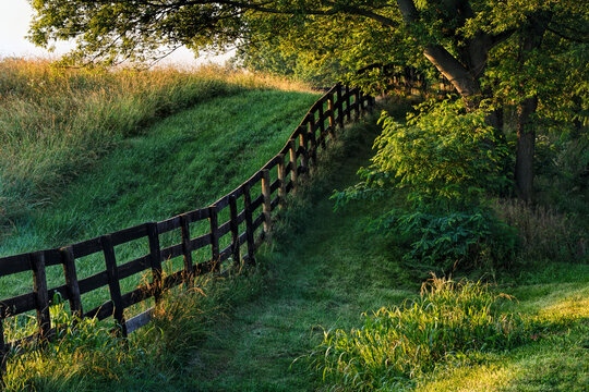 Farm fence at sunrise, Oldham County, Kentucky