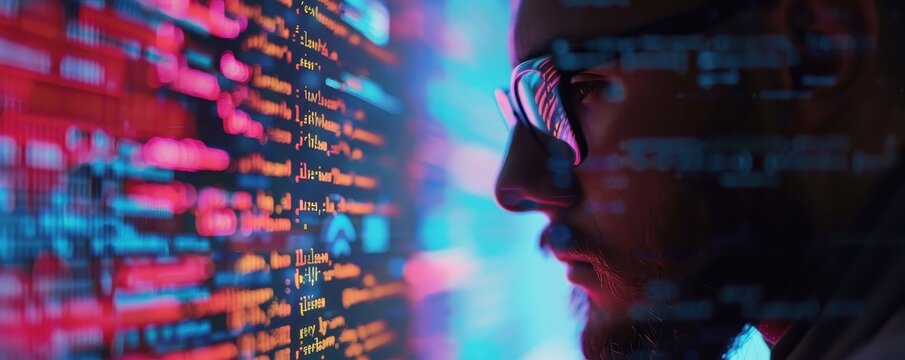 Close-up of focused programmer analyzing computer code on a screen in a dimly lit room, reflecting colorful code lines on glasses.
