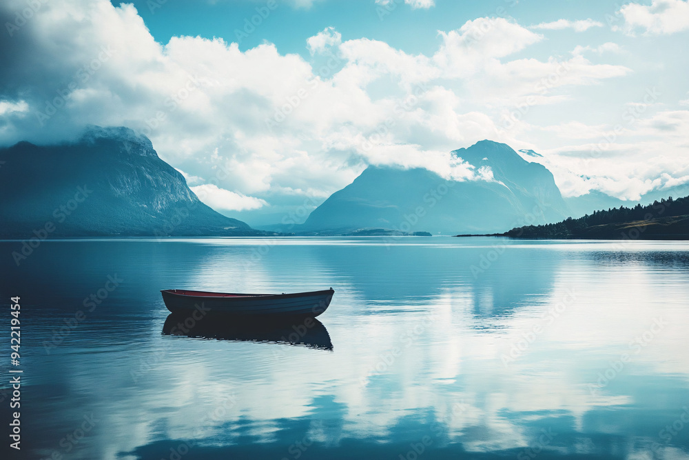 Aufkleber a single boat floats on a still lake with mountains in the background and clouds creating a peaceful