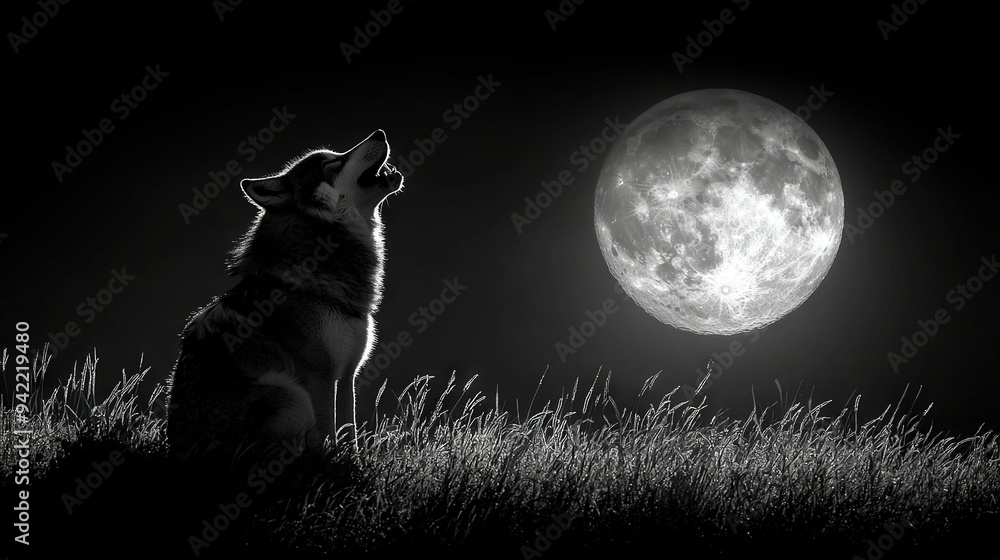 Sticker  A B&W photo of a dog staring at the full moon against a green grass backdrop