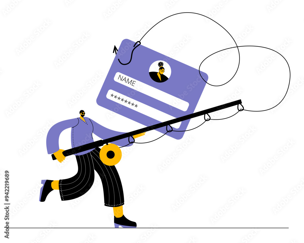 Poster a hacker in a dark hood with a fishing rod catches user passwords on a hook from a mobile phone. con