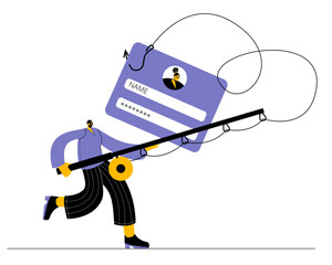 A hacker in a dark hood with a fishing rod catches user passwords on a hook from a mobile phone. Concept of a vector illustration on the topic of cybercrime and phishing attacks.