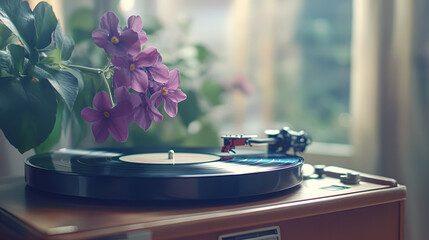 A vintage record player with a black vinyl record spinning on it is the focal point of the image. The turntable features a classic design, with a warm, wooden base. Adjacent to the record player, a lu