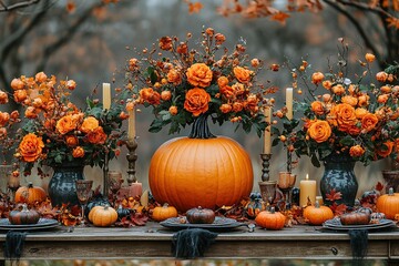 Autumn nature concept. Fall pumpkins and apples on wooden rustic table. Thanksgiving dinner