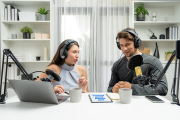Host channel broadcasters discussing together, making advice for problem in live streaming with...