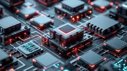 Fototapeta premium Close-up view of a futuristic circuit board with glowing red components, showcasing advanced technology and microchips.