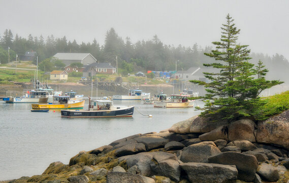 USA, Maine. Boats anchored in Prospect Harbor, Gouldsboro, Maine, USA.