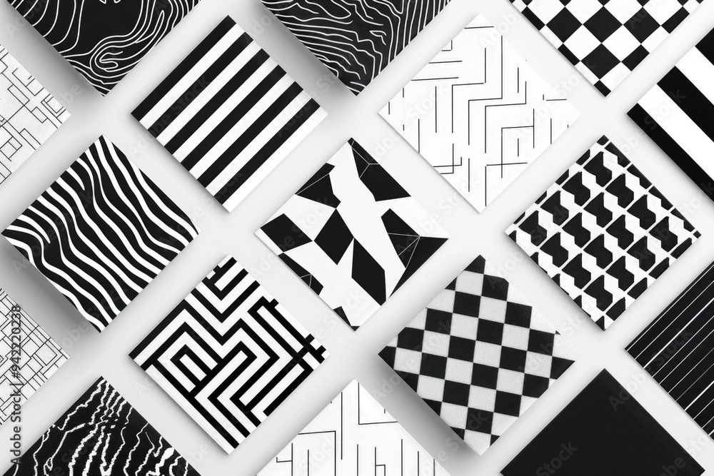 Poster a collection of geometric shapes and patterns in black and white