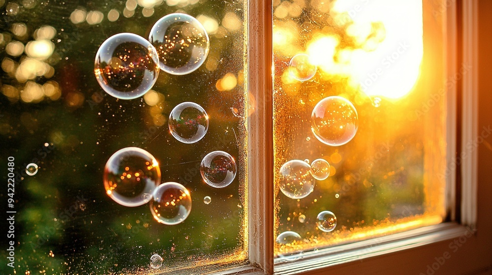 Poster a zoom-in of soap bubble clusters on a window ledge as sunlight filters through the window behind th