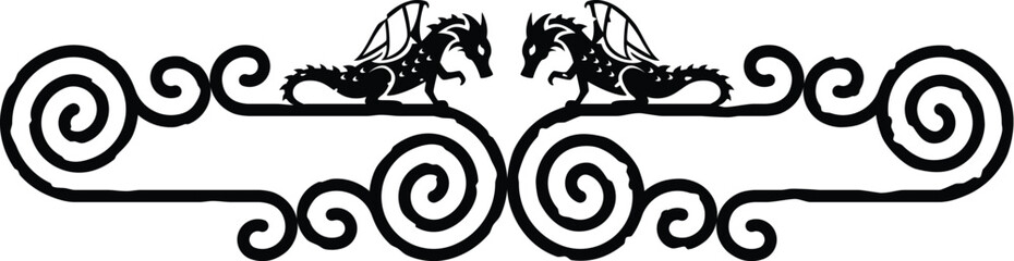 Celtic Curved Spiral Lines Border, Header, Footer - Dragon Silhouettes