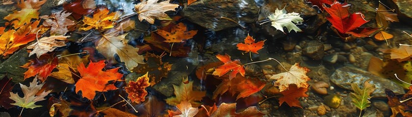 Colorful autumn leaves floating on a calm stream, creating a beautiful seasonal scene in nature with red, orange, and yellow foliage.