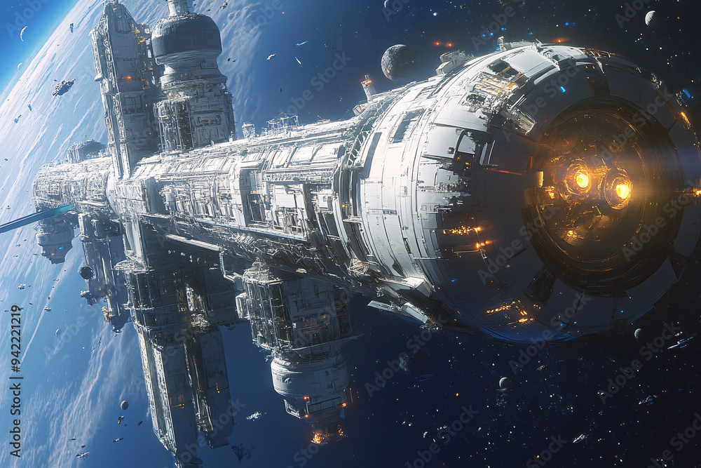 Poster a futuristic spaceship hovering in space with bright lights and intricate details against a cosmic b