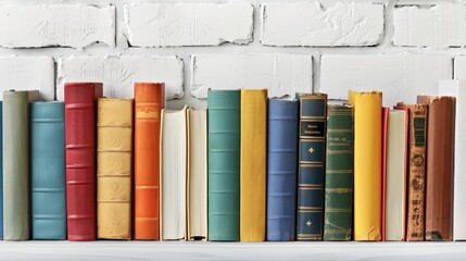 Colorful hardcover books on a shelf against a white brick wall, perfect for book lovers and home library enthusiasts.