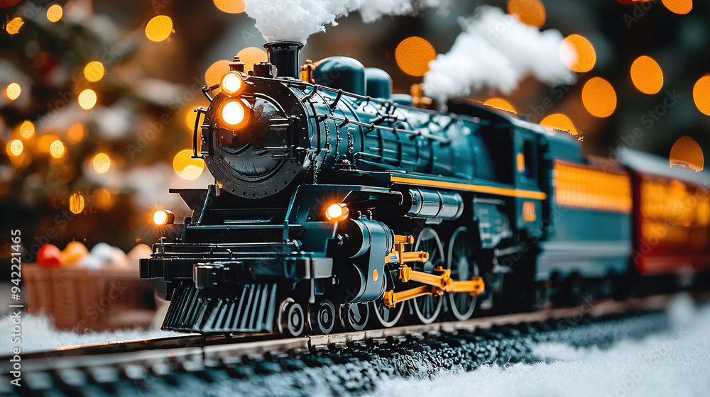 Poster a close-up of a toy train on a train track with lights on either side and a christmas tree in the ba