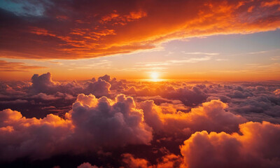 Fototapeta premium Beautiful Bright Orange Sky with Fluffy Clouds at Sunset