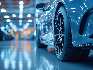 Close-up view of a sleek blue sports car showcasing its modern alloy wheels and shiny exterior in a...