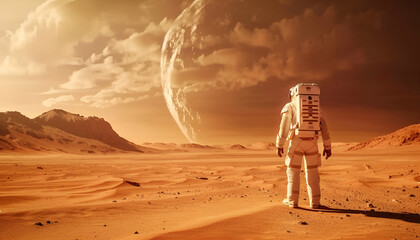 Spaceman walks on the red planet Mars. Space Mission. Astronaut travel in space